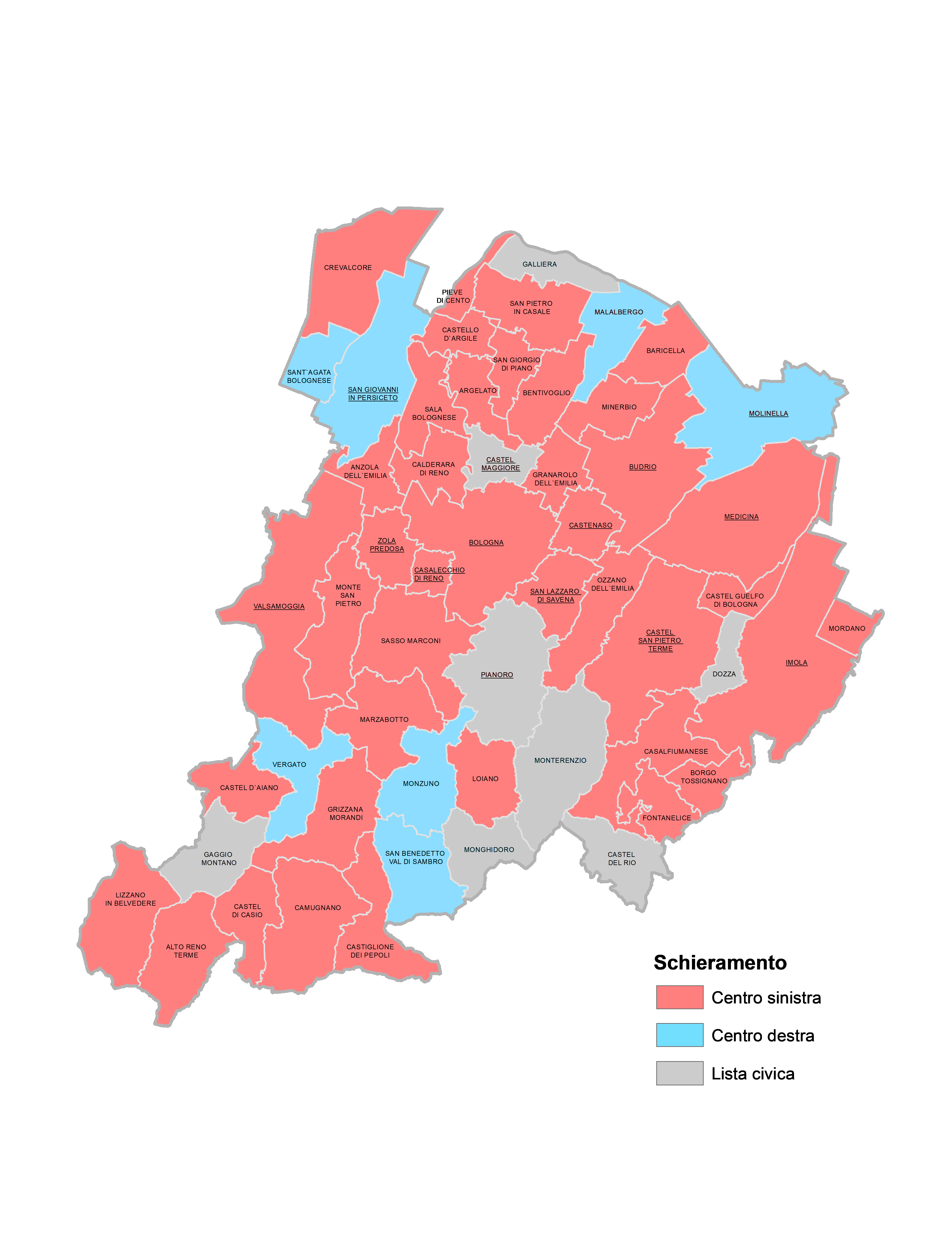 colorazione politica delle amministrazioni comunali nei 55 comuni